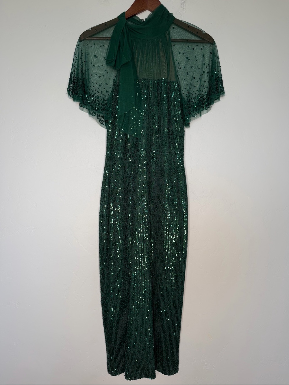 Theia Violette Tie Neck Sequined Midi Dress Emerald Green Capelet Dress 4
